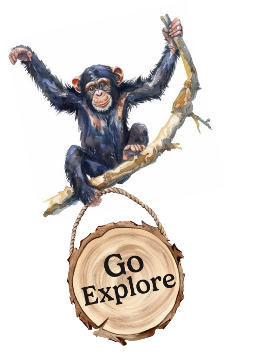 Illustration of a moneky on a branch with a sign hanging from it that reads go explore