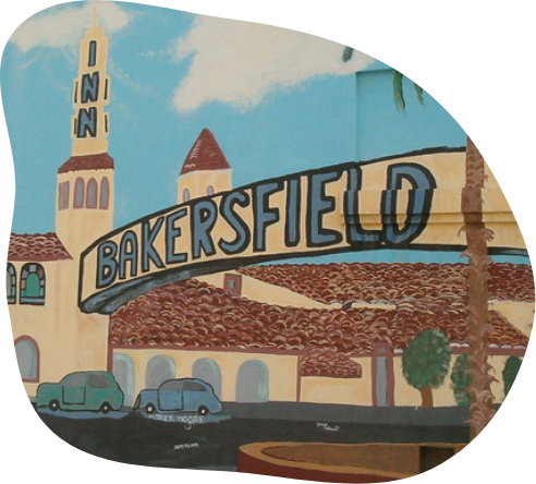 Mural of a Bakersfield sign above a street